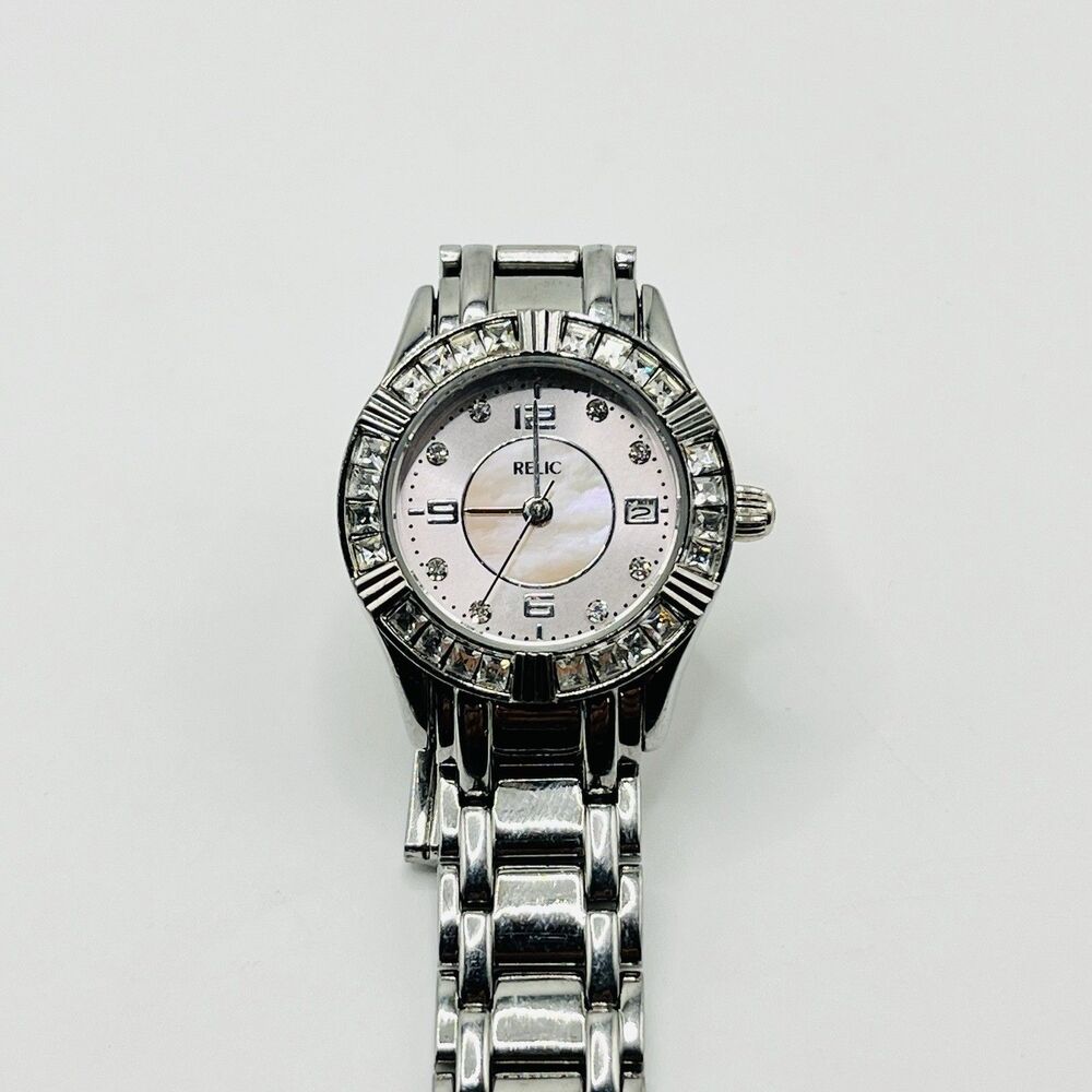 Relic Watch SilverTone Metal Band 26mm Rhinestone Hour Mrks RS Bezel New Battery